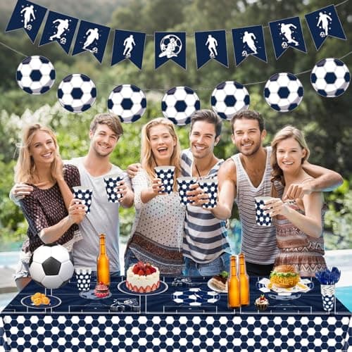 Soccer Plates and Napkins, 171-Count Disposable Soccer Party Supplies Kit with Cups, Cutlery, Banner, Tablecloth | Blue Soccer Theme Birthday Party Decorations, Serves 24 - Thumbnail 6