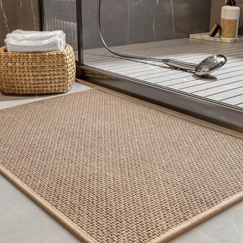 PADOOR Non-Slip Bath Mat With Rubber-Backing, Braided Absorbent Machine Washable Thin Rug for Bathroom Floor, Quick Dry, Fits Under Door, 17''x24'' Beige - Image 1