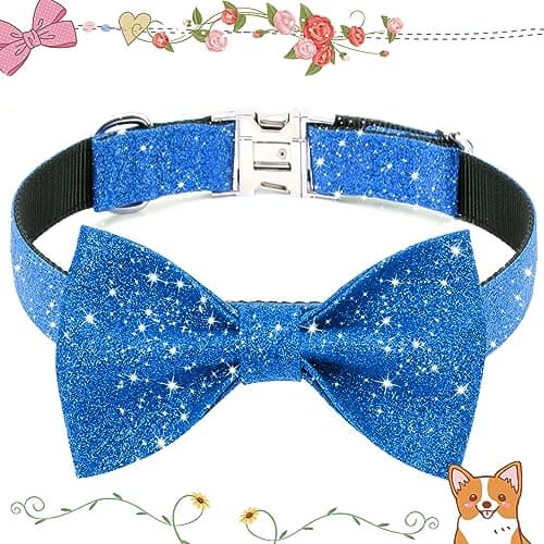 Jumpress Blue Boy Dog Collar with Bow, Bling Male Bowtie Dog Collar for Puppy Small Medium Dogs, Cute Dog Collar for Daily Walking or Holiday Party (Neck fit 11-16’’) - Thumbnail 2