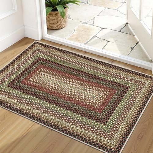 Ileading Braided Print Doormat 2x3, Washable Non-Slip Pet Friendly Entry Mat, Farmhouse Jute Style with Concentric Design, Stain Resistant for Entryway, Kitchen & Laundry Room - Image 1