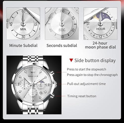 OLEVS Silver Watches for Men Stainless Steel Luxury Mens Silver Watch with Date Large Face Chronograph Dress Waterproof Nice Moon Phase Relojes para Hombres - Thumbnail 6