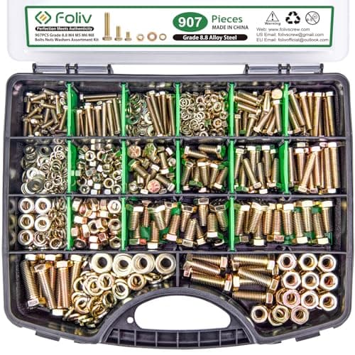 FOLIV 907pcs Grade 8.8 Metric Bolt Assortment, M4 M5 M6 M8 Heavy Duty Bolts and Nuts Kit, Yellow Zinc Plated, Length from 12-30mm - Image 1