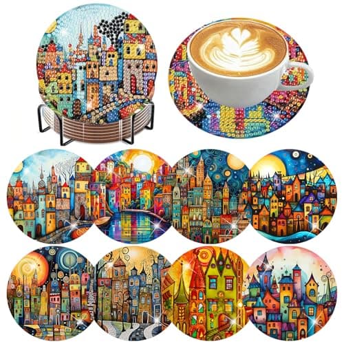 ijbnhd 8 Pcs Diamond Art Coasters Kits, House Diamond Painting Coasters Kit with Holder, Diamonds Art Non Slip Coaster Crafts Kits for Adults Gifts 4x4 inch (Cork Wooden Pad) - Image 1