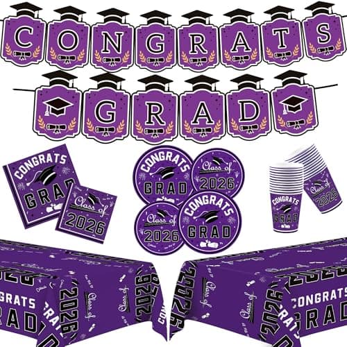 OHOME Graduation Party Decorations 2026 - Graduation Decorations Class of 2026 - Serve 24 - Purple Plates Tablecloth Napkins Cups Graduation Banner- Graduation Party Favors Supplies - Image 1