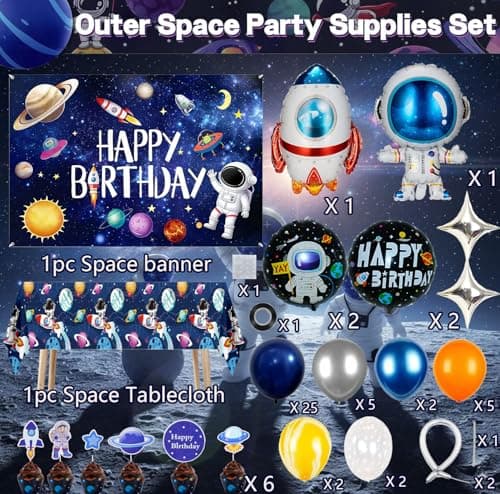 Outer Space Birthday Party Decorations – Space Theme Supplies with Backdrop, Tablecloth, Rocket Balloons, Astronaut Balloons Cake Topper for Kids & Boys - Thumbnail 3