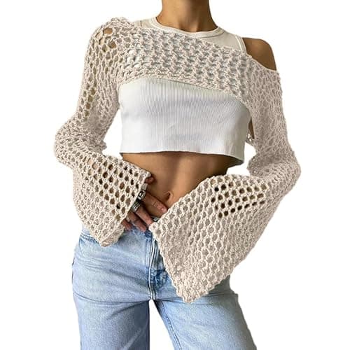 hathne Women Hollow Out Sweater Crop Flounce Off See Through Crochet Top Trumpet Long Sleeve Knit Top(Beige,M) - Image 1