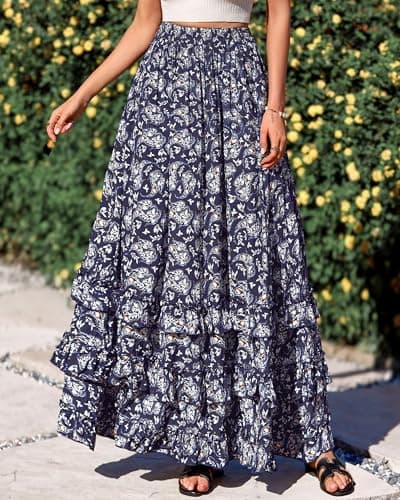 BTFBM Skirts for Women Summer Flowy A-Line Floral Boho Maxi Skirt Long Wedding Guest Dresses Spring Outfits 2026(Floral Floral Navy White,Large) - Thumbnail 2