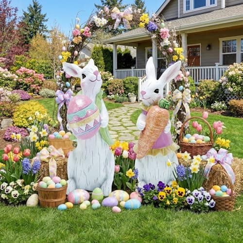 2 PCS Large Easter Decorations Outdoor Easter Yard Signs Easter Yard Decorations with Metal Stakes Bunny Decorations Easter Outdoor Garden Sign Waterproof Lawn Signs for Pathway Walkway - Thumbnail 2