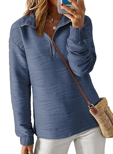 Dokotoo Womens Half Zip Pullover Sweatshirt for Women 2026 Fashion Trendy Long Sleeve Shirts Textured Tunic Tops Jackets Loose Sweaters Fall Clothes Outfits Blue Small - Image 1