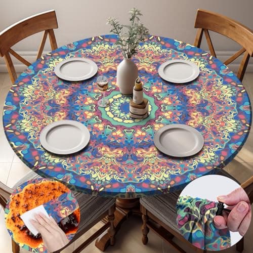 opstellen Round Tablecloth Waterproof Boho Fitted Vinyl Table Cloth Summer Fall Outdoor Circle Cover for 36-44" Tables Kitchen Dining Apartment Essentials Camping Picnic Party Decor Housewarming Gifts - Image 1