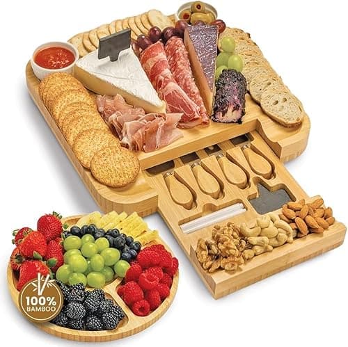 Leaf & Grain Charcuterie Board Set with Accessories Drawer - Real Bamboo Cheese Board & Stainless Steel Knife Set, Large Meat & Cheese Platter for Parties & Gifts - Natural - Image 1