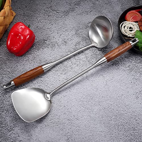 IQCWOOD 5 Pcs Cooking Utensils Set with Rose Wooden Handles, Includes Soup Ladle, Slotted Spoon, Wok Spatula, Slotted Spatula & Spaghetti Server, Dishwasher Safe, Ideal Gift for Women - Thumbnail 3