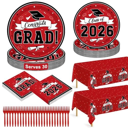 122 Pcs Graduation Decorations 2026 Kit, Disposable Class of 2026 Graduation Decor Serves 30, Red Grad Plates and Napkins Forks Tablecloth Congrats Grad Paper Dinnerware for Party Decorations - Image 1