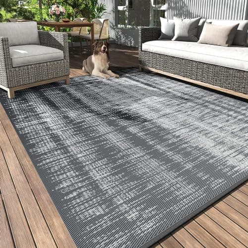 MontVoo Outdoor Rug Waterproof 5x8 ft Outdoor Carpet Patio Rug Mat Reversible RV Camping Rug Plastic Straw Outside Rug for Balcony Porch Deck Picnic Beach Modern Grey - Image 1
