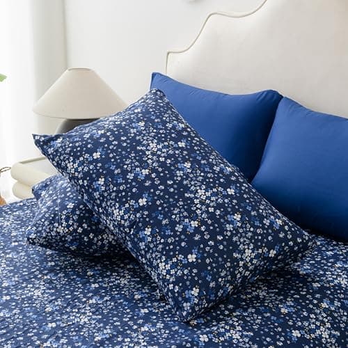 King Size Bed Sheets Set Deep Pockets - 6PC Floral Ultra Soft Microfiber Bed Sheets - Easy to Clean, 90 Thread Count Sheets with Fitted Sheet, Flat Sheet & Pillowcases (Navy/Ditsy Floral) - Thumbnail 6