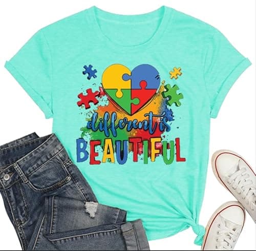 Autism Awareness Shirt Different is Beautiful Autism Tshirts Puzzle Piece Shirt Special Education TeacherTee Tops Cyan - Image 1