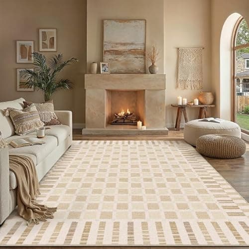 PureCozy Beige 8x10 Area Rug for Living Room Neutral Machine Washable Large Checkered Rugs Non-Slip Stain Resistant Low Pile Boho Accent Indoor Office Throw Carpet for Bedroom Playroom Nursery - Image 1