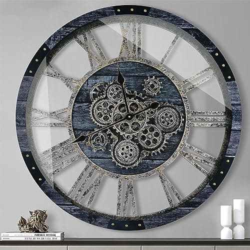 TOPPTIK 36 Inch Moving Gear Wall Clock, Oversized Wall Clocks, Clock Living Room Decor, Solid Wood Frame, Battery Operated, Large Wall Clock with Steampunk Industrial for Fireplace(Gray) - Image 1