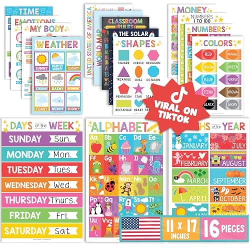 Hadley Designs 16 Educational Posters for Toddlers 1-3 - Learning Poster for Kids Ages 3-5, Alphabet Chart Playroom Homeschool Daycare & Classroom Decor, Kindergarten & Preschool Classroom Must Haves - Image 1