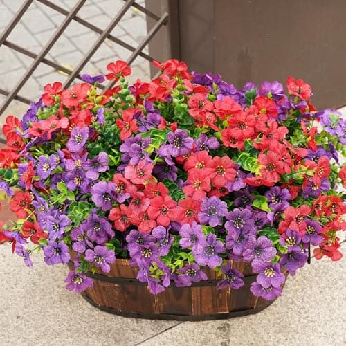 Vemander Artificial Flowers for Outdoor Fake Plants for Spring Decoration,Faux Eucalyptus Flowers for Planter UV Resistant Lifelike for Home Porch Garden (Purple/Red) - Image 1