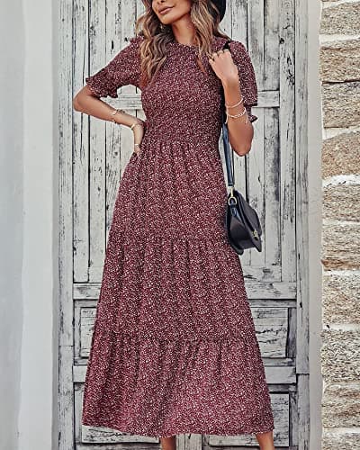 BTFBM Women Casual Summer Dresses 2026 Spring Crew Neck Ruffle Short Sleeve Smocked Floral Boho Flowy Maxi Dress Clothes(Floral Wine Red White, Large) - Thumbnail 3