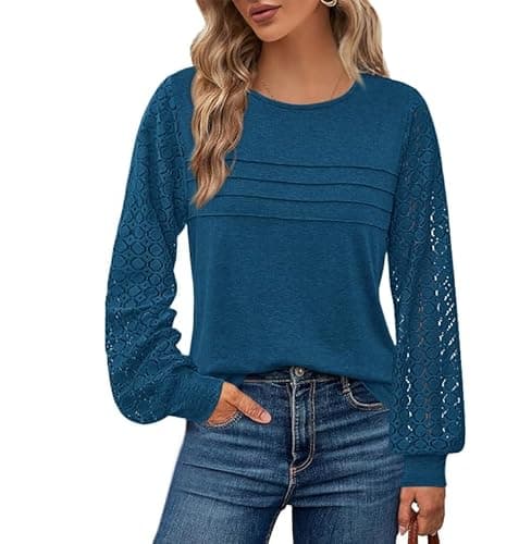 BTFBM Women's Long Sleeve Shirts Dressy Lace Fall Tops 2026 Trendy Business Casual T-Shirts Cute Work Outfits Blouses(Dark Lake Blue, Large) - Image 1