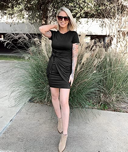 BTFBM Women 2026 Spring Casual Short Sleeve Ruched Bodycon Tank T Shirt Dress Tie Waist Sun Beach Summer Mini Dresses(Short Sleeve Black, Large) - Thumbnail 5