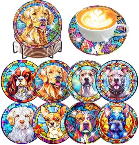 igoodom 8 Pcs Dog Diamond Art Coasters Kit with Holder, DIY Stained Glass Style Dog Diamond Painting Coasters for Beginners Adults, Non Slip Diamond Art Kits Craft Supplies 4x4in - Image 1
