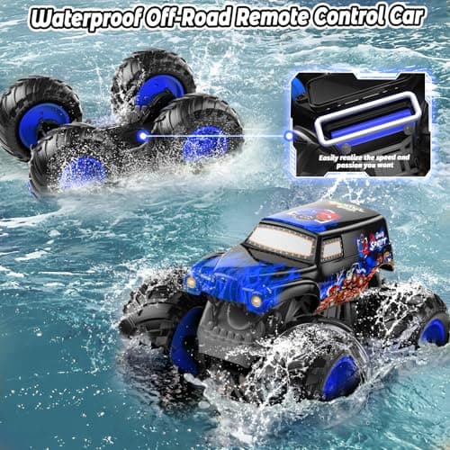 LAZZAROU 1:14 Waterproof Remote Control Car, Front & Rear Wheelie Monster Truck, Amphibious RC Truck with 2 Sets of Rechargeable Batteries and AAA Batteries, 4WD Off-Road Vehicle for Kids Ages 6-12 - Thumbnail 3