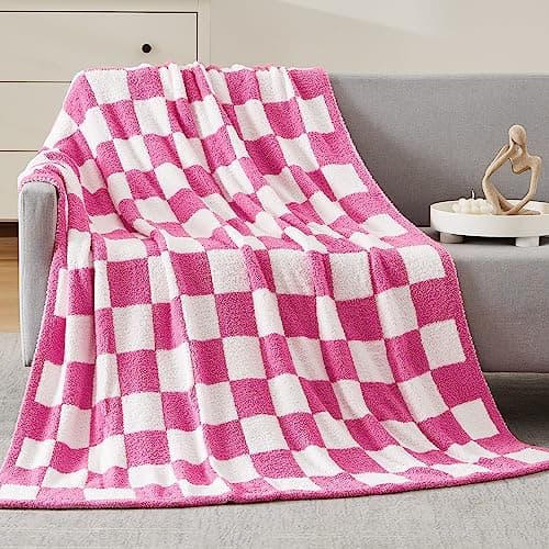 WRENSONGE Checkered Throw Blanket, Hot Pink Soft Cozy Fluffy Warm Hand Made Throw Blankets for Couch, Sofa, Chair, Bed, Camping, Picnic, Travel Lightweight Bed Blanket - 60"*80" - Image 1
