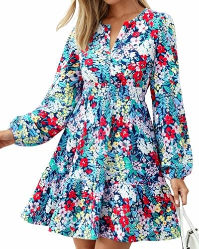 BTFBM Spring Dresses for Women 2026 Mini Long Sleeve Elastic Waist Summer Vacation Outfits Floral Wedding Guest Dress(Multi Blue, Medium) - Image 1
