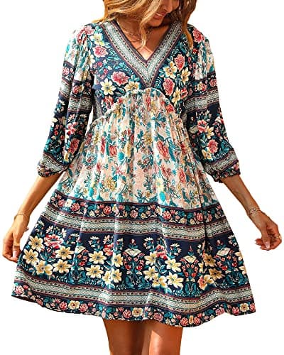 BTFBM Womens Summer Dresses 2026 Casual V Neck 3/4 Long Sleeve Ruffle Floral Flowy Boho Babydoll Mini Spring Beach Dress(Floral White, Medium) - Image 1