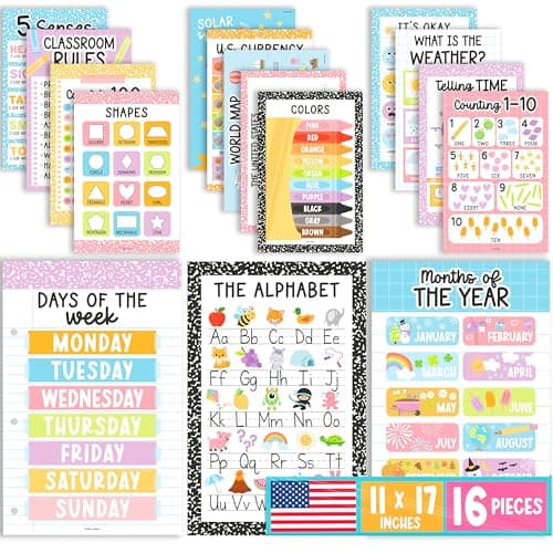 16 Educational Posters for Toddlers 1-3 - Laminated Toddler Learning Posters For Preschool & Kindergarten, Alphabet Numbers Colors Shapes Days of the Week Poster for Kids, Pastel Classroom Decor