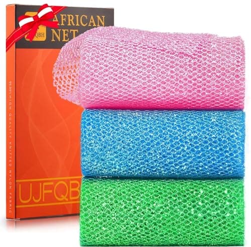 UJFQBH 3 Piece Bright Style African exfoliating net Exfoliating Shower Set Long Bath Sponges for Smooth, Refreshed Skin, The Exterior Gleams - Ideal for Daily Use (Bright Pink, Blue, Green) - Image 1