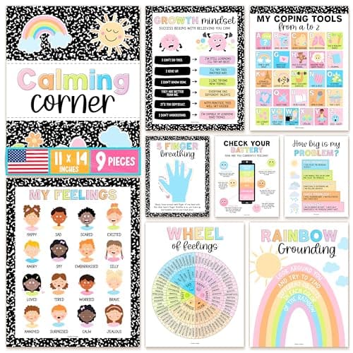 Hadley Designs Calming Corner Posters for Classroom Decor -9 Calm Down Corner Supplies Classroom Must Haves, 11x17 Feelings Emotions Chart for Kids, Pastel Mental Health Posters for School Counselors - Image 1