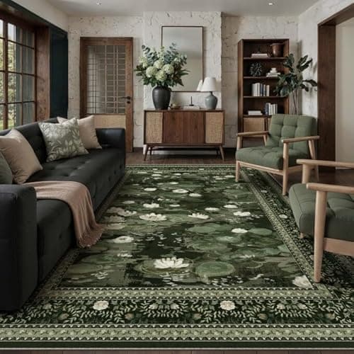 PureCozy Washable 8x10 Area Rug for Living Room Green Floral Indoor Large Carpet Non Slip Low Pile Vintage Impressionist Rugs for Bedroom Dining Room Nursery Playroom Farmhouse Decor - Image 1