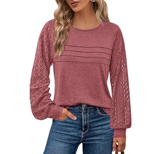 BTFBM Women's Long Sleeve Shirts Dressy Lace Fall Tops 2026 Trendy Business Casual T-Shirts Cute Work Outfits Blouses(Dusty Pink, Large) - Image 1