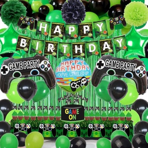 Video Game Party Decorations Set – Gamer Theme Supplies with Foil Balloons, Tablecloth, Foil Curtain, Cake Toppers, Banner, Tissue Paper Pom Poms for Boys & Kids - Image 1