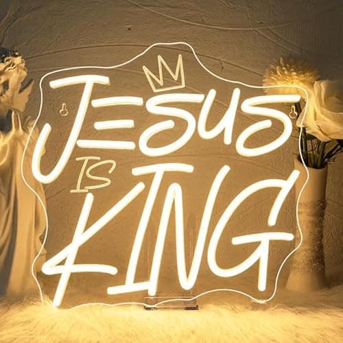 WLHOPE Jesus Is King Neon Sign Dimmable Led Signs for home Wall Decor, Neon Lights USB Powered Transparent Acrylic Board Sign for church party bedroom living room Decoration 12.99 * 12.6 inch - Image 1