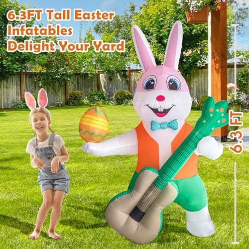 6FT Easter Inflatables Yard Decorations,Blow Up Guitar Rabbit with LED Light for Easter Decorations Clearance,Easter Holiday Party Garden Home Indoor Outdoor Lawn Decor - Thumbnail 4