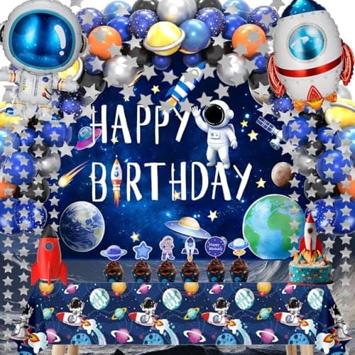 Outer Space Birthday Party Decorations – 96PCS Space Theme Supplies with Backdrop, Table Cover, Star Garland, Cake Topper, Balloons for Kids Birthday Party