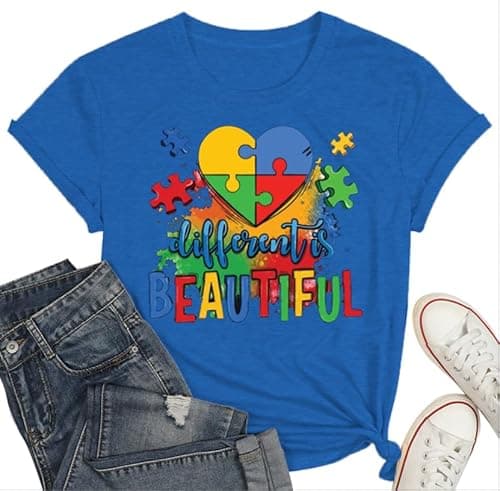 Autism Awareness Shirt Different is Beautiful Autism Tshirts Puzzle Piece Shirt Special Education TeacherTee Tops Blue - Image 1