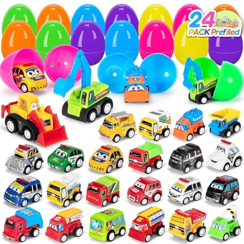 SUGFUT 24 PCS Prefilled Easter Eggs with Toys Pull Back Cars Easter Basket Stuffers for Toddler Gifts for Kids - Easter Party Favors