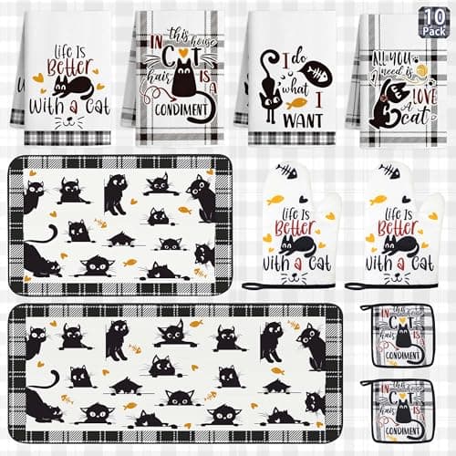 Vetoxka 10 PCS Black Cat Decor Kitchen Decor and Accessories - Cute Sets 4 Dish Towels 2 Pot Holders 2 Oven Mitts 2 Rugs for Cat Lover Kitty Funny Sayings Bathroom Plaid Cooking Baking Housewarm Gifts - Image 1