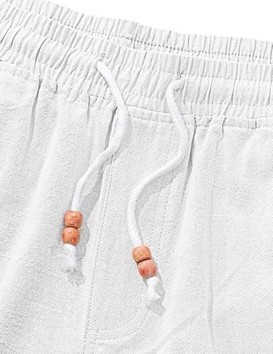AUSELILY MEN Men's Cotton Linen Shorts 9 inch Drawstring Casual Elastic Waist Mens Summer Beach Vacation Shorts Big and Tall with Pockets White 3XL - Thumbnail 2