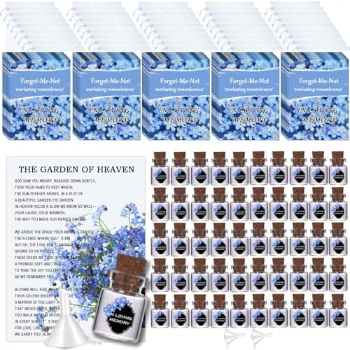 Qpige Bulk 50 Funeral Favors, Personalized Empty Engraved Glass Bottles for Funeral Wake Celebration of Life Decorations, In Loving Memory of Loved One Memorial Gifts, No Seed (Flower Card) - Image 1