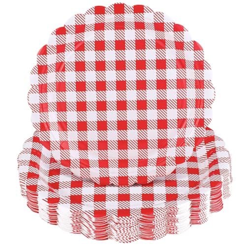 NatNarr 30 Pcs Red Gingham Plates, 9 Inch Scalloped Camping Plaid Dessert Dinner Party Plates Red and White Gingham Party Supplies for Picnic, Bbq Party, Graduation - Image 1