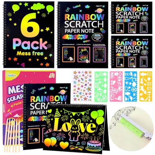 JMMICO 6 Packs Rainbow Scratch Notebook, Easter Basket Stuffers, Scratch Art for Kids with Reusable Cleaner Tool, Arts and Crafts for Kids 4-8-12, Easter Gifts for 4 5 6 7 8 9 Year Old Girl Boy - Image 1