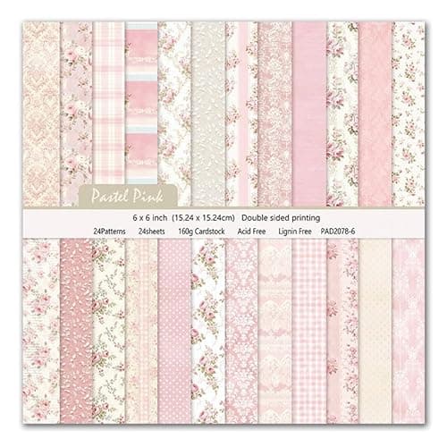 Scrapbook Paper & Scrapbooking Supplies, Pink 6x6 Double-Sided Patterned Cardstock Pad, Shabby Chic Craft Sheets for Junk Journaling, Card Making & Scrap Book, 24 Sheets