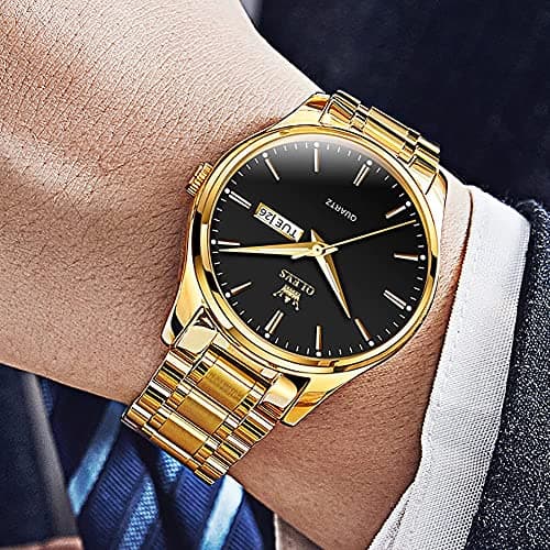 OLEVS Watch Men Gold Stainless Steel Black Watches for Men Luxury Large Face Analog Quartz Mens Watches Waterproof Classic Dress Wrist Watch for Man Day Date Casual Reloj para Hombre - Thumbnail 2